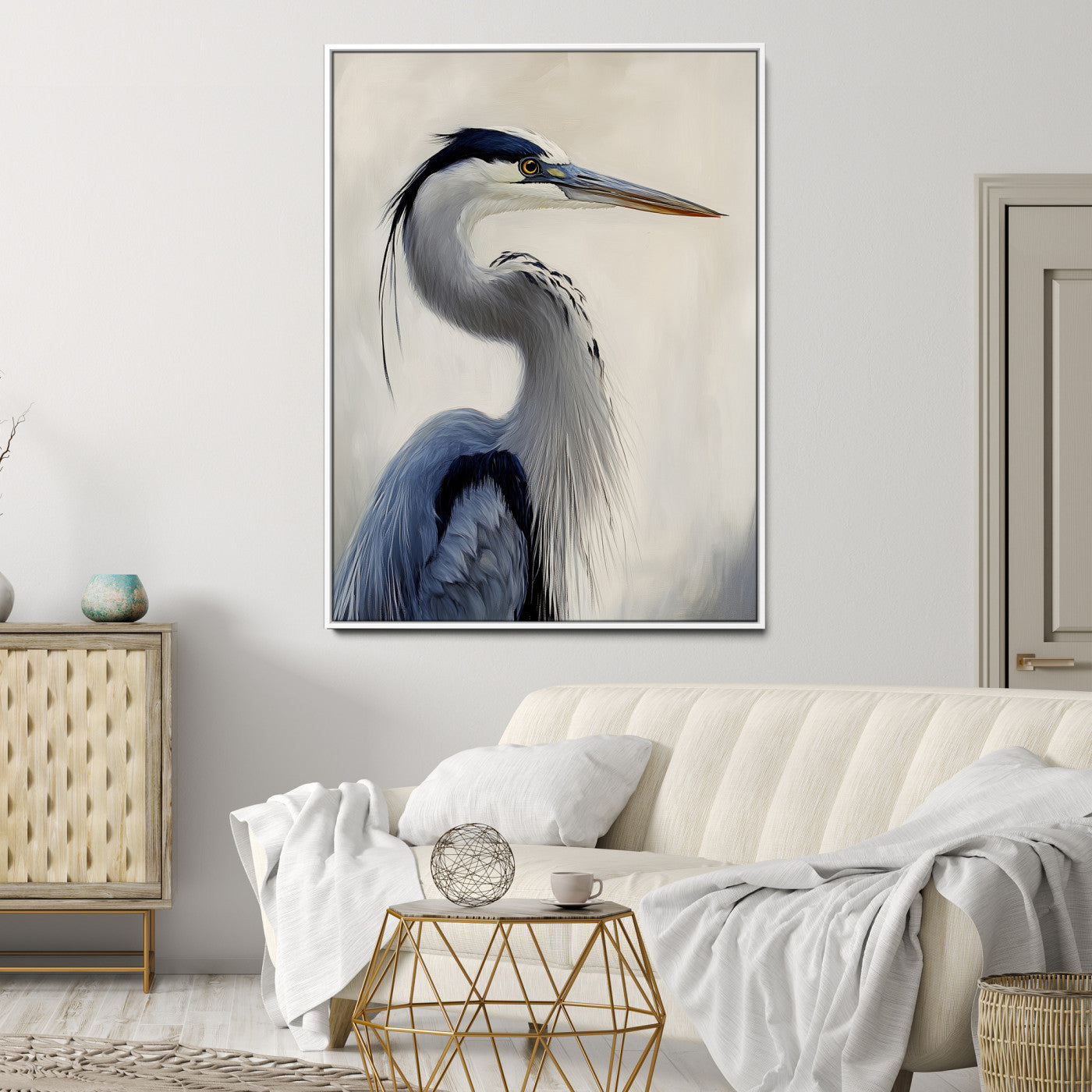 Elegant blue heron in profile with soft brush detail and neutral tones, ideal for nature-themed or coastal minimalist interiors.