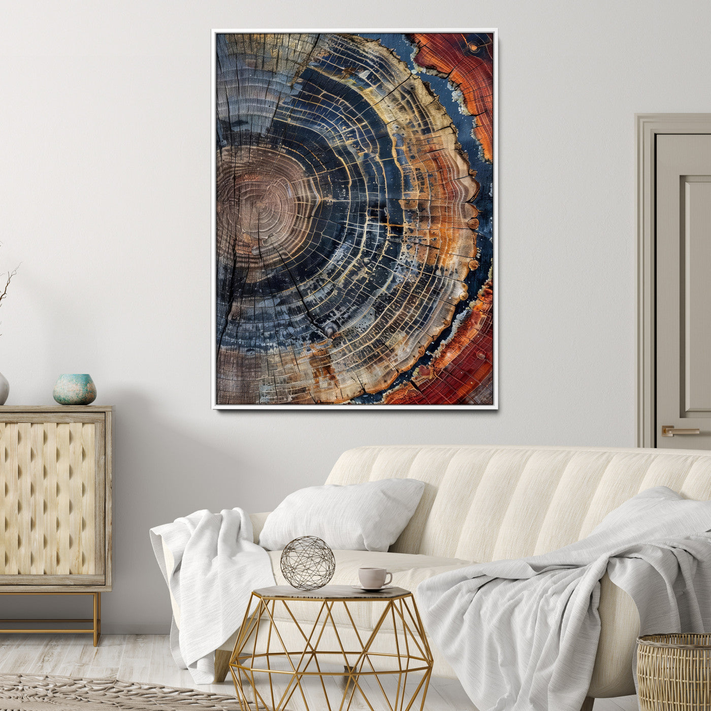 Close-up of a tree ring cross-section showing detailed growth rings in earthy tones, perfect for rustic or nature-inspired home decor.