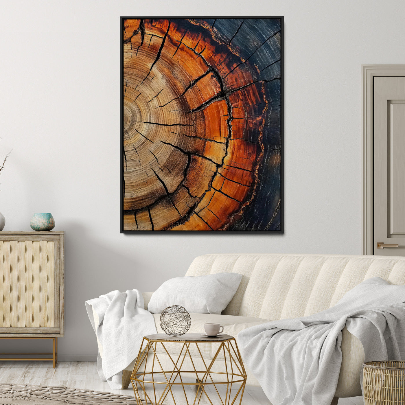 Close-up of tree rings with deep cracks and rich brown tones, highlighting natural texture and organic patterns, perfect for rustic wall art.