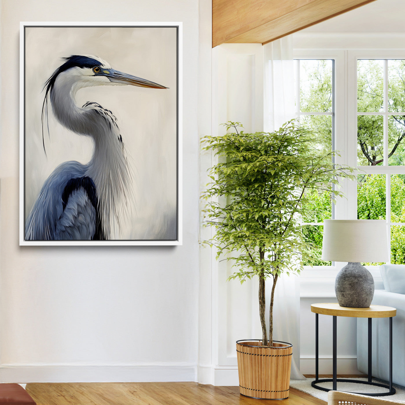 Elegant blue heron in profile with soft brush detail and neutral tones, ideal for nature-themed or coastal minimalist interiors.