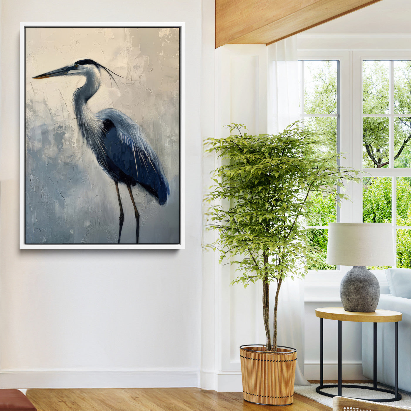 Elegant heron bird standing tall with soft brushstroke texture and muted tones, perfect for coastal or nature-themed home decor.
