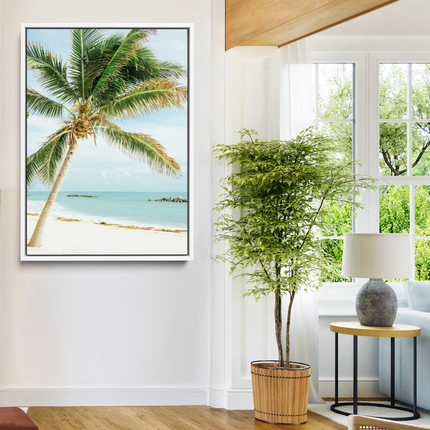 A tall palm tree leaning over a white sandy beach with turquoise ocean waves, creating a peaceful and tropical coastal scene.