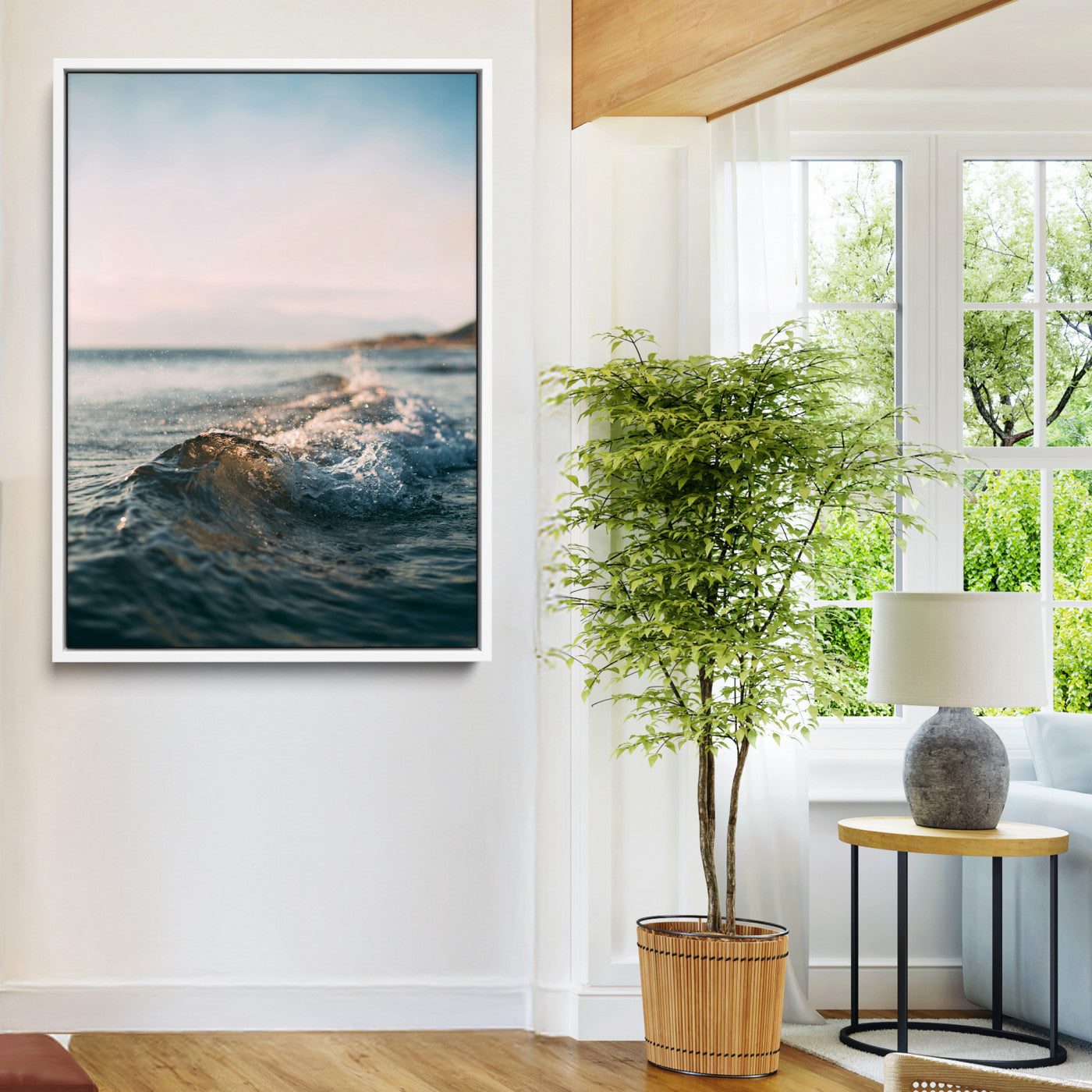 Close-up of ocean waves rolling gently toward the shore at sunset, creating a peaceful and minimalist coastal scene.