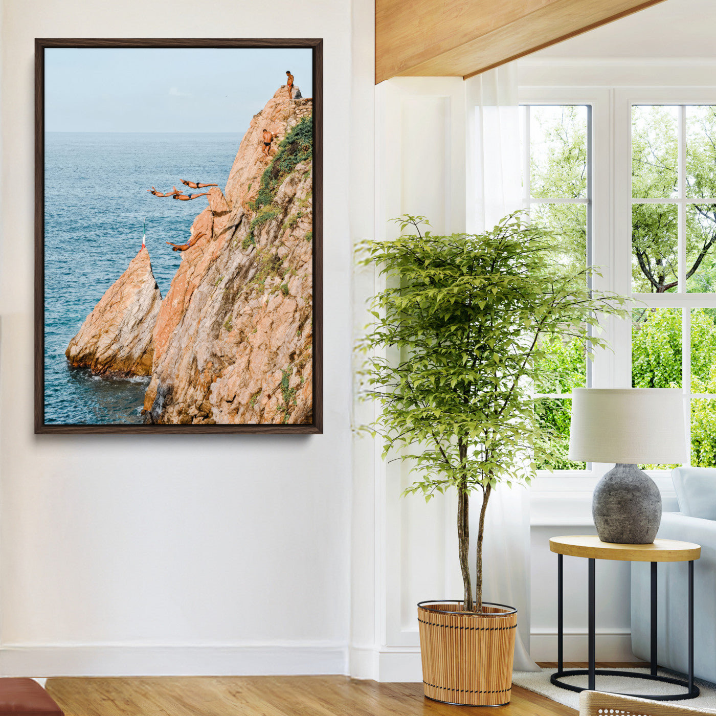 Canvas wall art capturing a bold cliff diving sequence into turquoise waters, perfect for vibrant and adventurous coastal or sporty interiors.