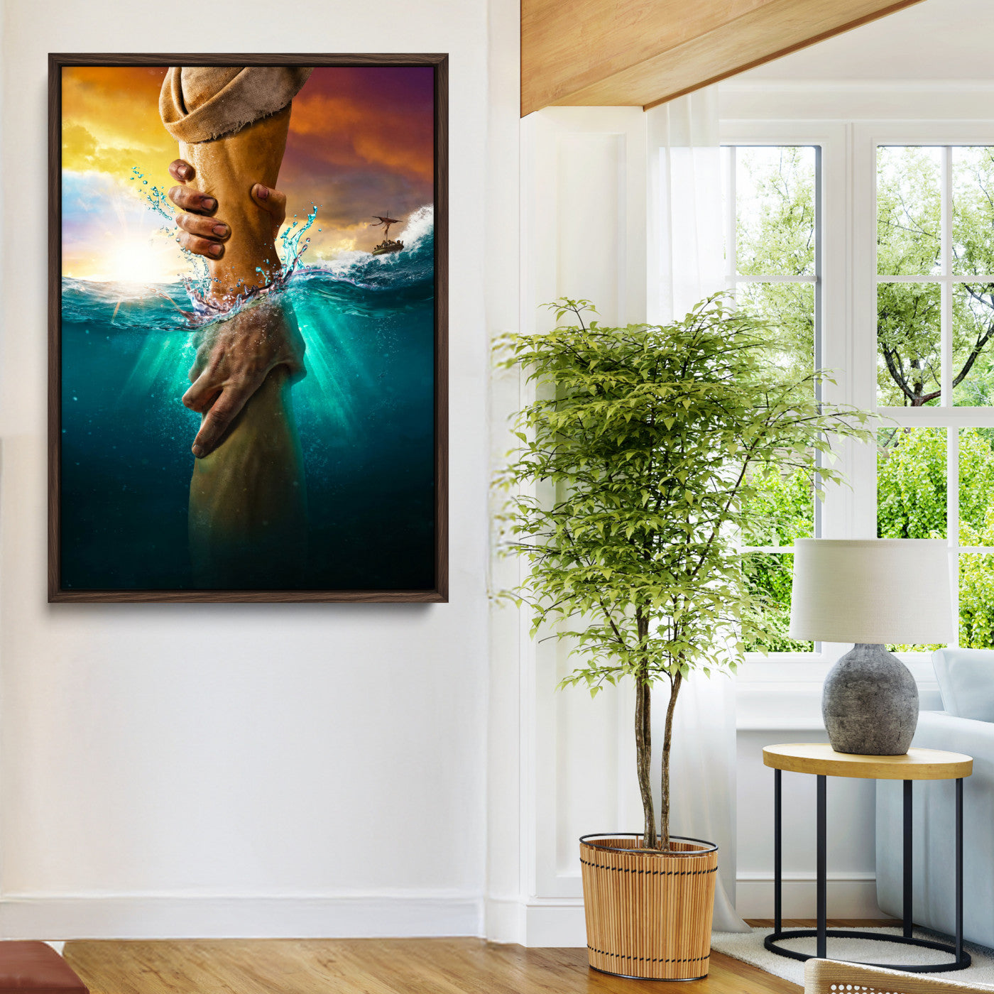 A dramatic scene of a hand reaching underwater and being lifted, symbolizing rescue and faith, ideal for spiritual or Christian wall decor.