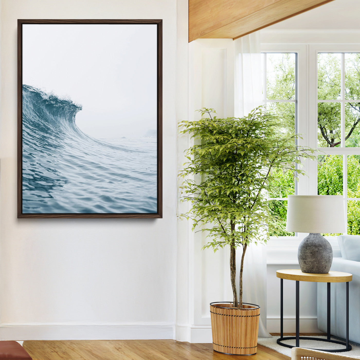 A single ocean wave curling in soft blue tones under a misty sky, ideal for coastal or minimalist home wall decor.