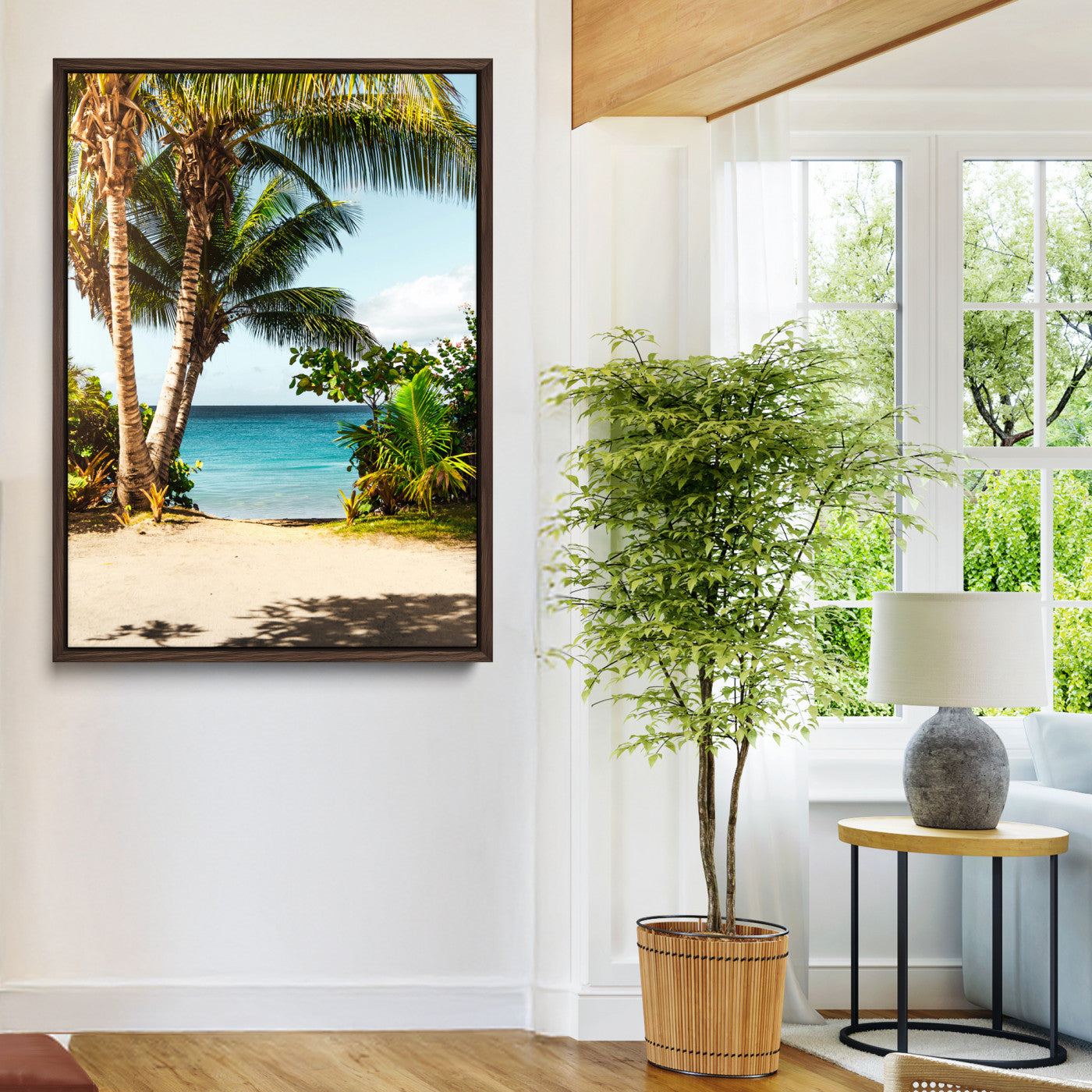 Tropical beach with palm trees, blue ocean, and clear sky, perfect for coastal or beach-themed wall decor in sunny living spaces.