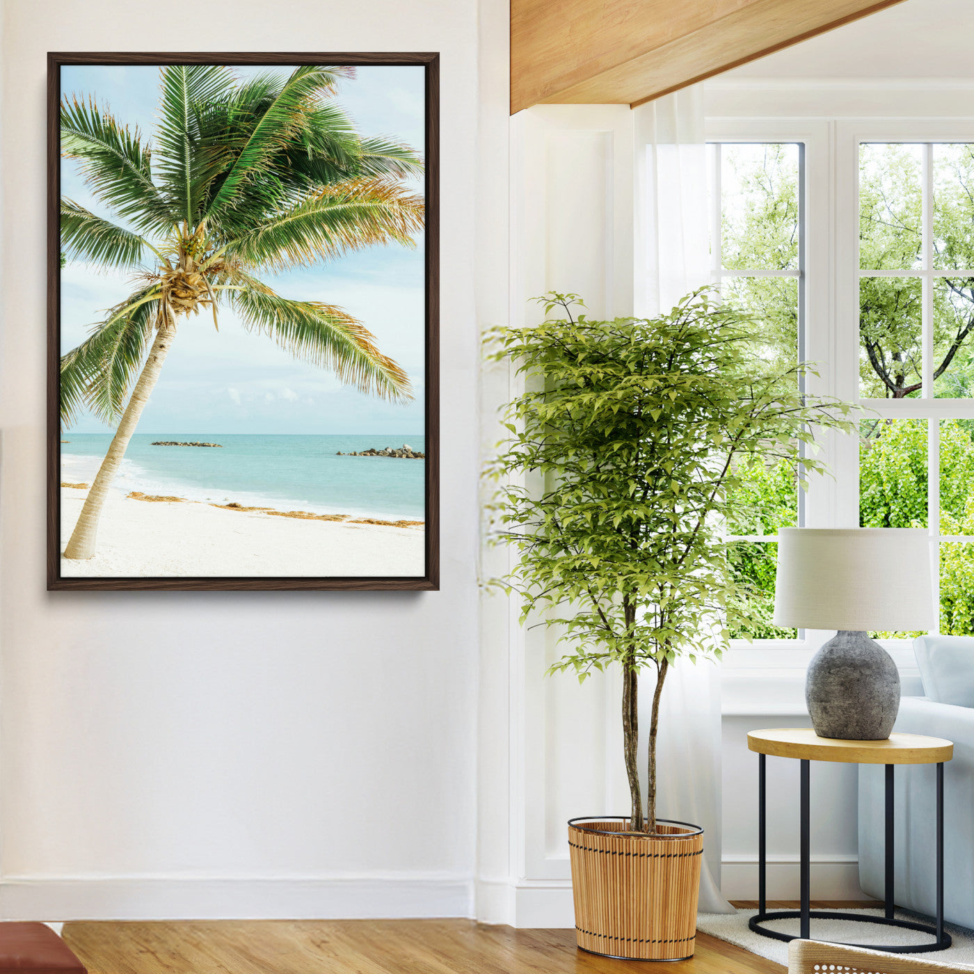 A tall palm tree leaning over a white sandy beach with turquoise ocean waves, creating a peaceful and tropical coastal scene.