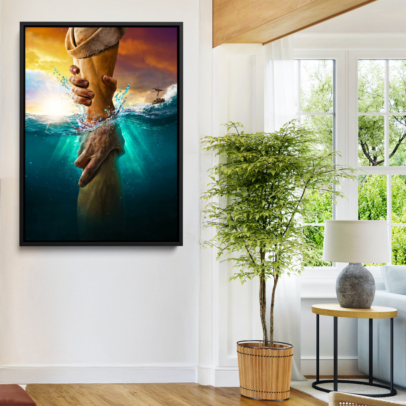 A dramatic scene of a hand reaching underwater and being lifted, symbolizing rescue and faith, ideal for spiritual or Christian wall decor.