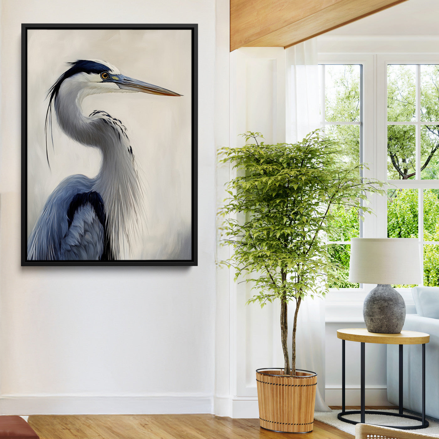 Elegant blue heron in profile with soft brush detail and neutral tones, ideal for nature-themed or coastal minimalist interiors.