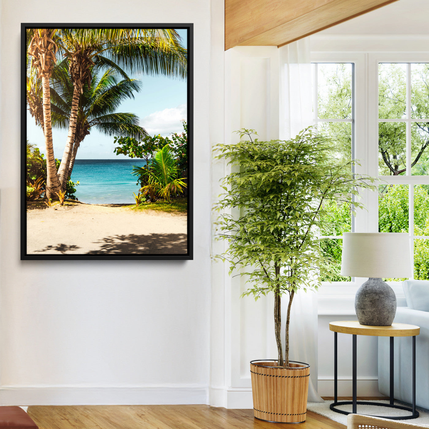 Tropical beach with palm trees, blue ocean, and clear sky, perfect for coastal or beach-themed wall decor in sunny living spaces.