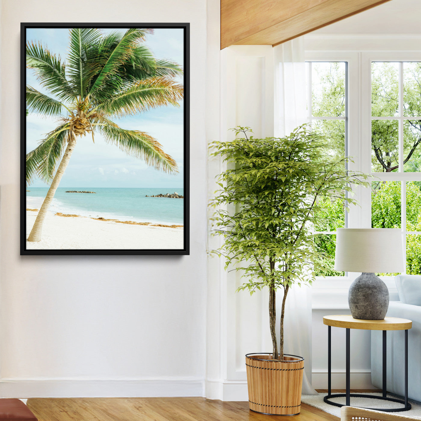 A tall palm tree leaning over a white sandy beach with turquoise ocean waves, creating a peaceful and tropical coastal scene.