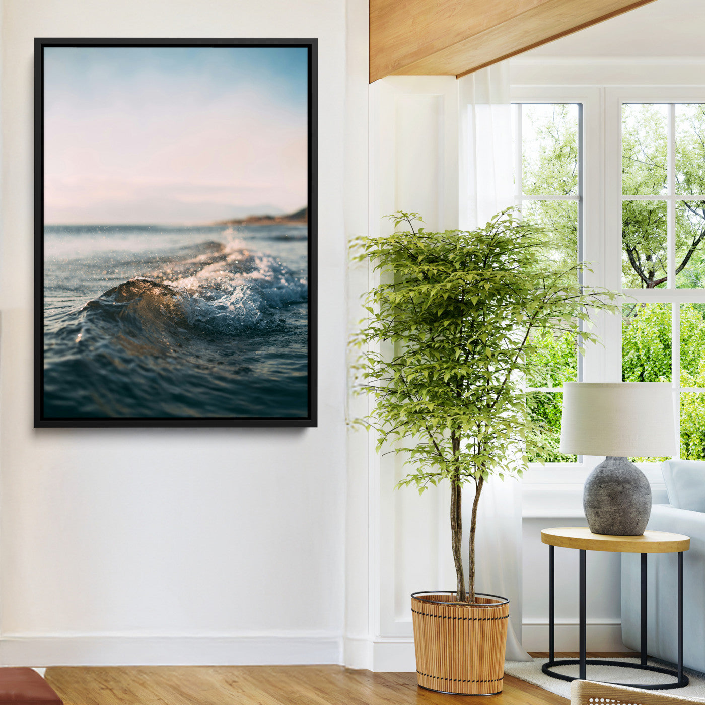 Close-up of ocean waves rolling gently toward the shore at sunset, creating a peaceful and minimalist coastal scene.