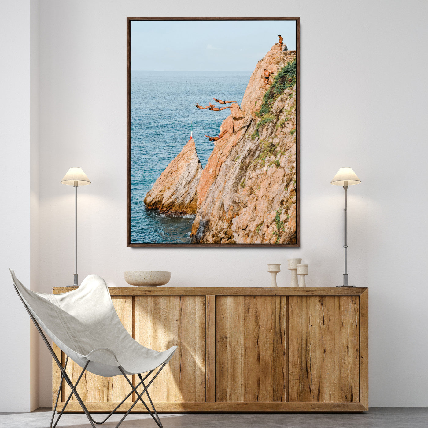 Canvas wall art capturing a bold cliff diving sequence into turquoise waters, perfect for vibrant and adventurous coastal or sporty interiors.