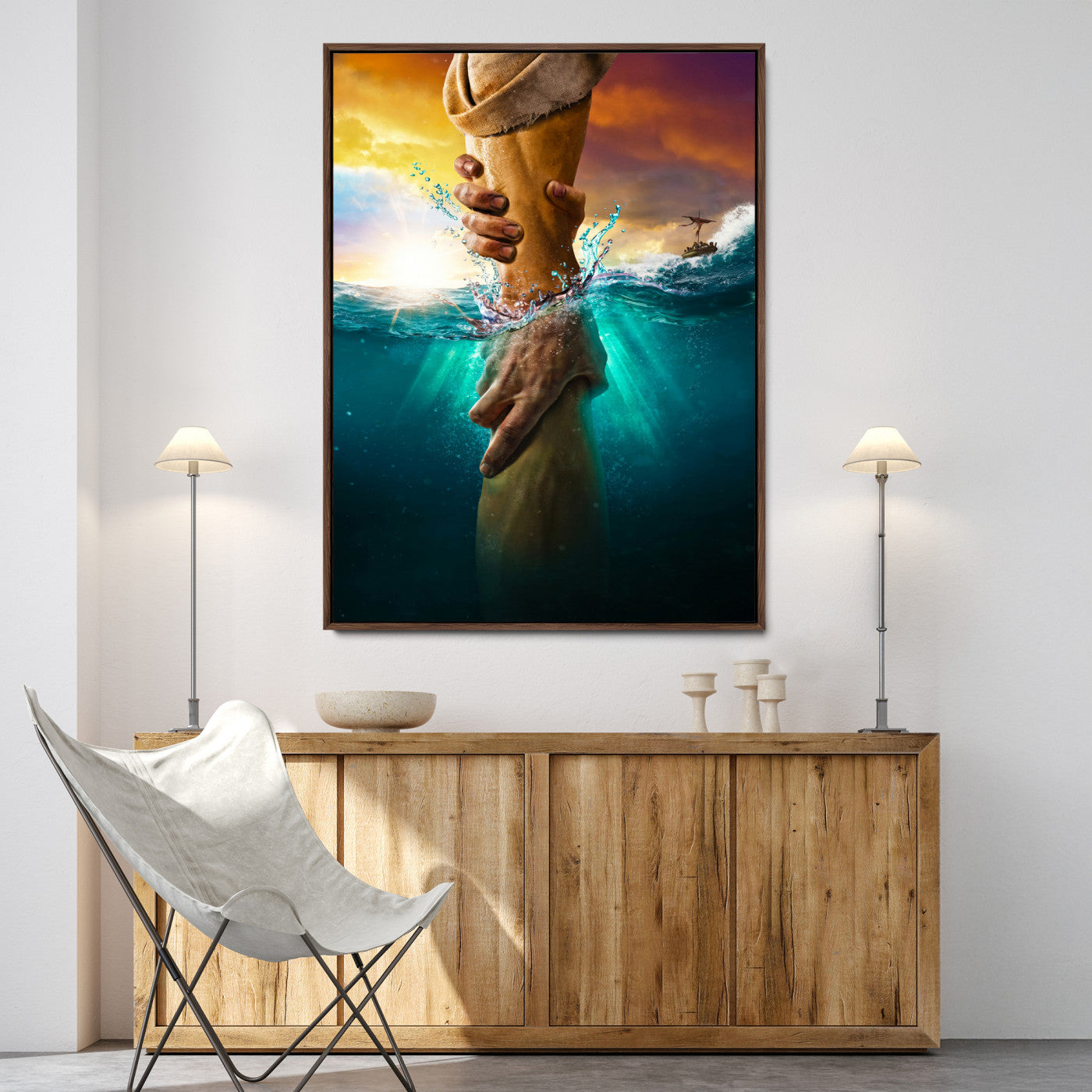 A dramatic scene of a hand reaching underwater and being lifted, symbolizing rescue and faith, ideal for spiritual or Christian wall decor.