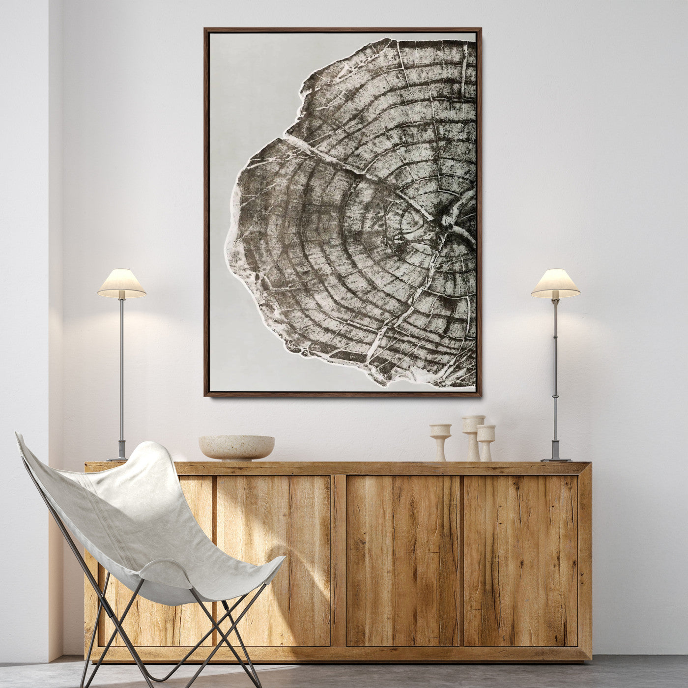 A close-up tree ring cross-section with neutral tones and organic texture, perfect for rustic, modern, or minimalist interior wall decor.