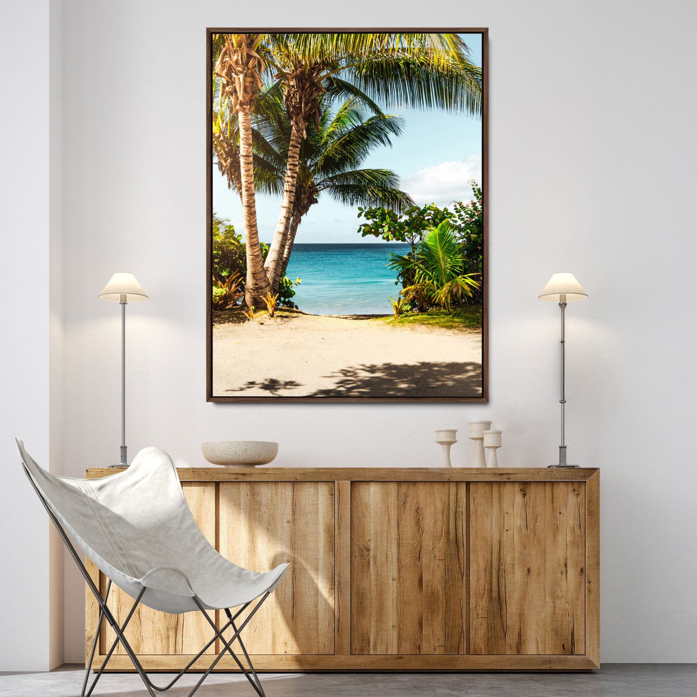 Tropical beach with palm trees, blue ocean, and clear sky, perfect for coastal or beach-themed wall decor in sunny living spaces.