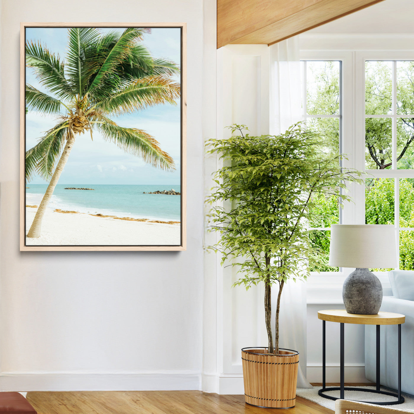 A tall palm tree leaning over a white sandy beach with turquoise ocean waves, creating a peaceful and tropical coastal scene.