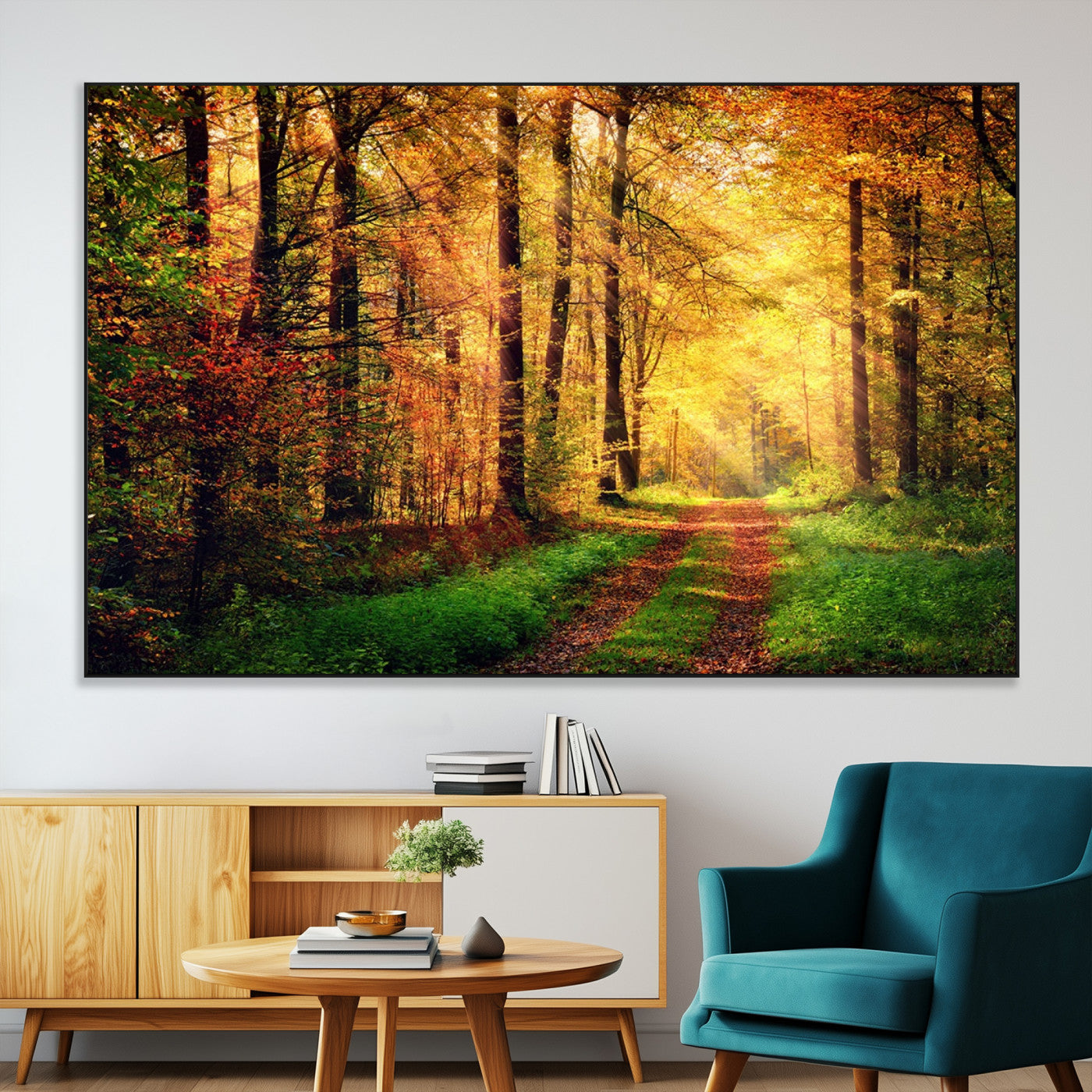 73494-MGV-CV-36X24-Golden Autumn Forest Path Wall Art – Sunlit Woodland Canvas Print, Fall Nature Landscape Home Decor
