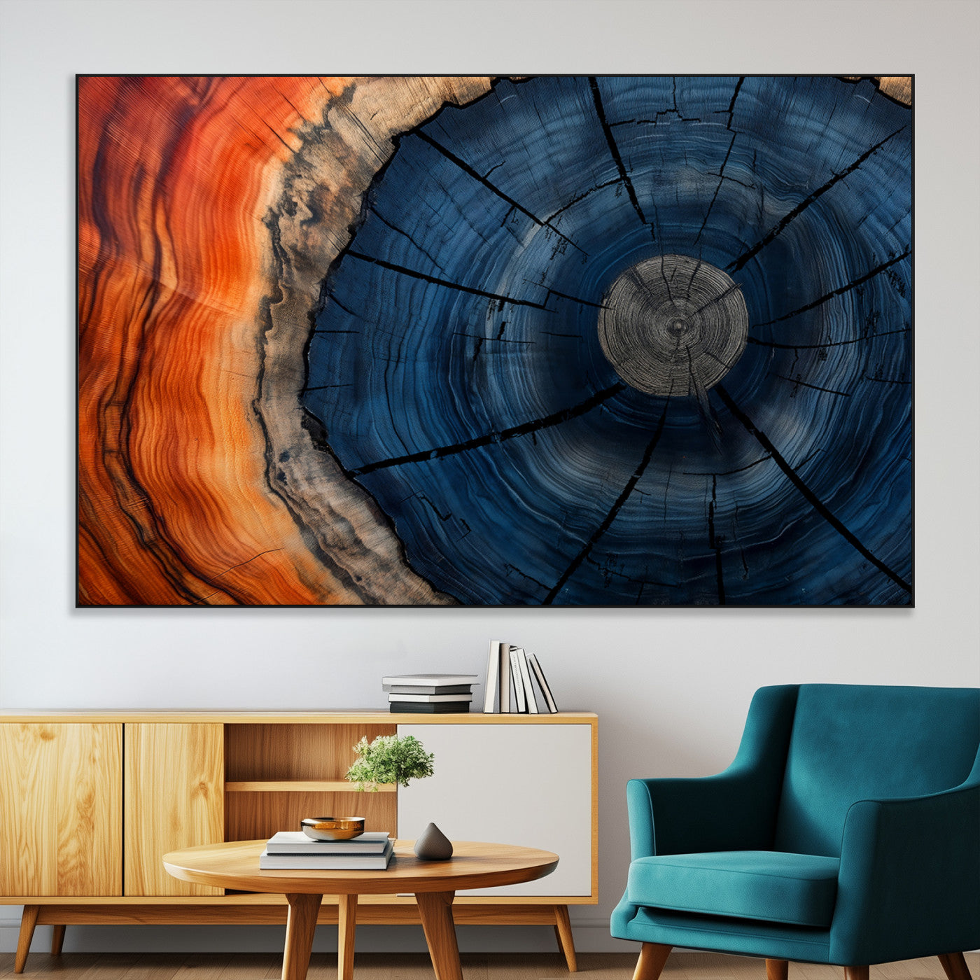 A captivating close-up of a tree trunk, showcasing its concentric rings in rich shades of blue, orange, and brown, highlighting the organic patterns of natural wood.