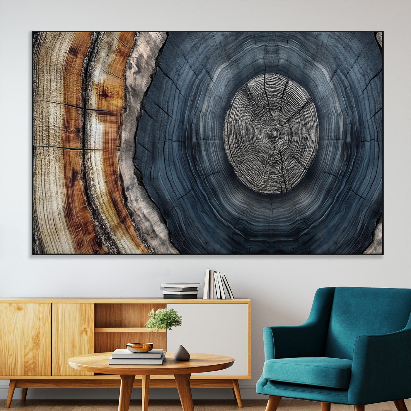 A stunning close-up of a tree trunk showing the intricate, circular growth rings, showcasing the natural textures and rich contrasts in deep blues, browns, and silvers.