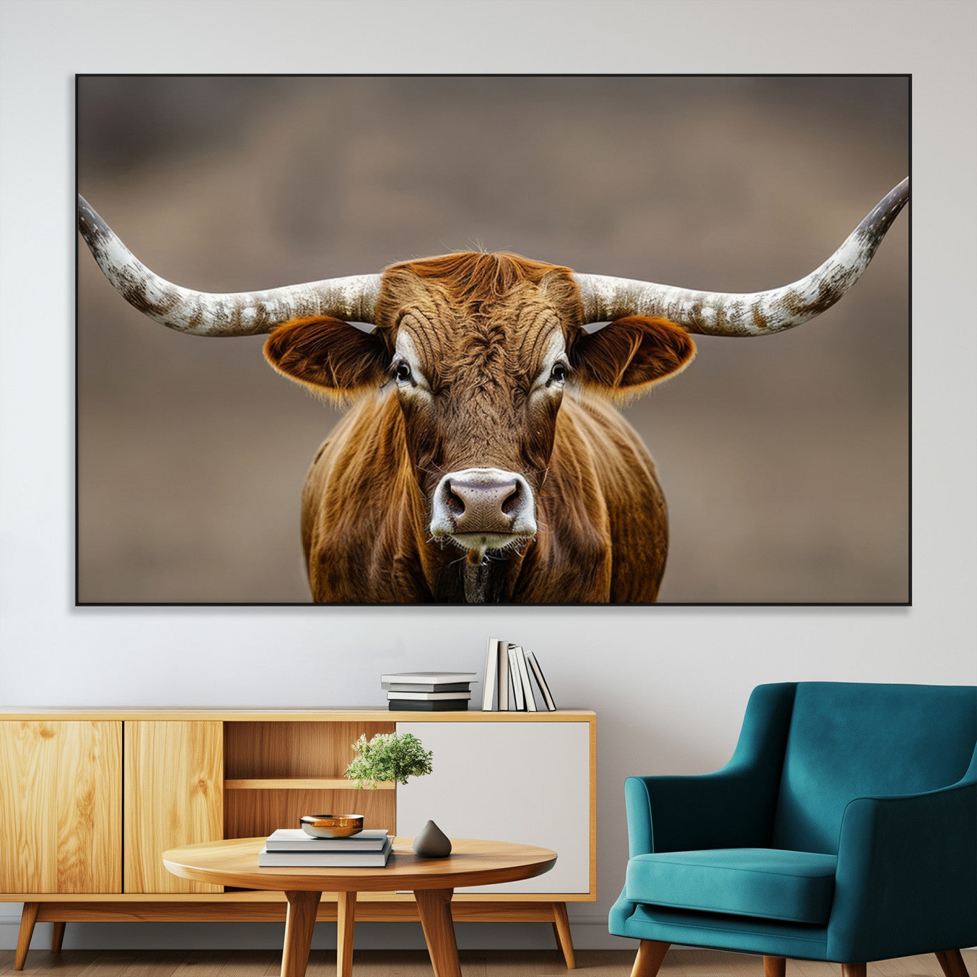 Close-up of a Texas Longhorn with strong curved horns and warm brown tones, perfect for rustic or western-style wall decor.