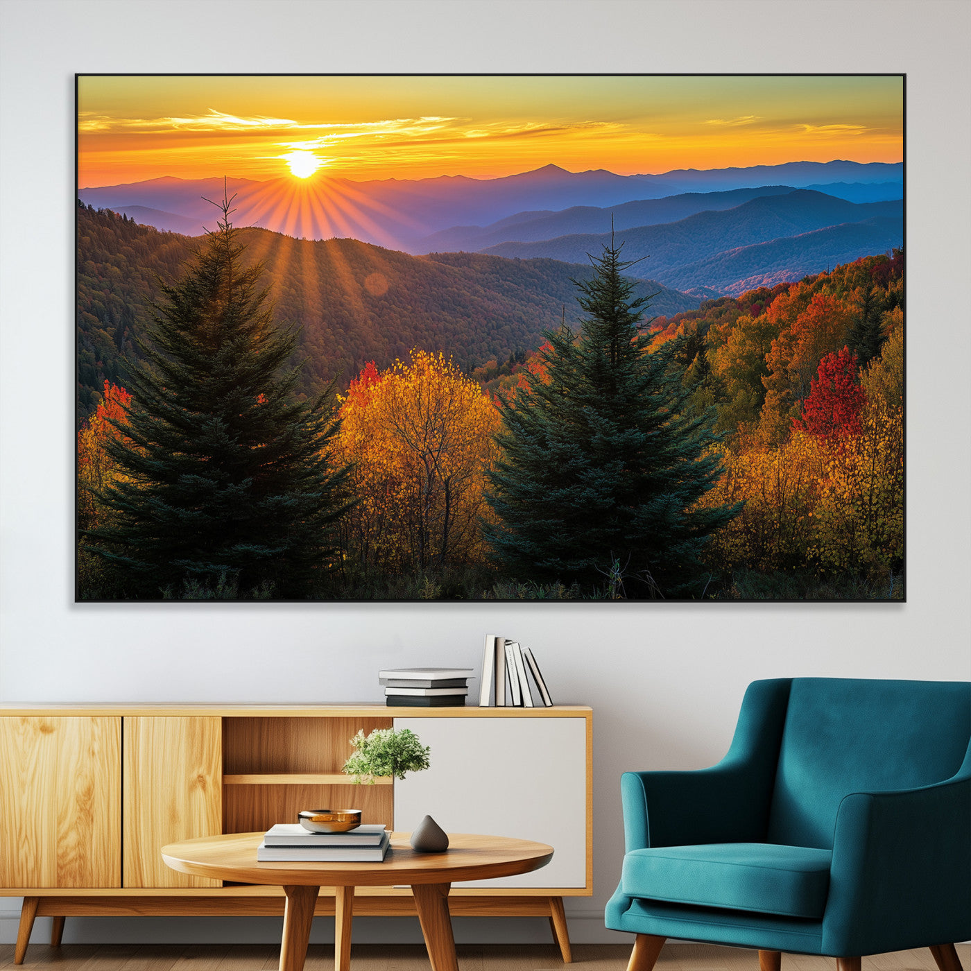 Vibrant sunset over autumn mountains with colorful trees and warm light, ideal for nature lovers or cabin-style wall decor.