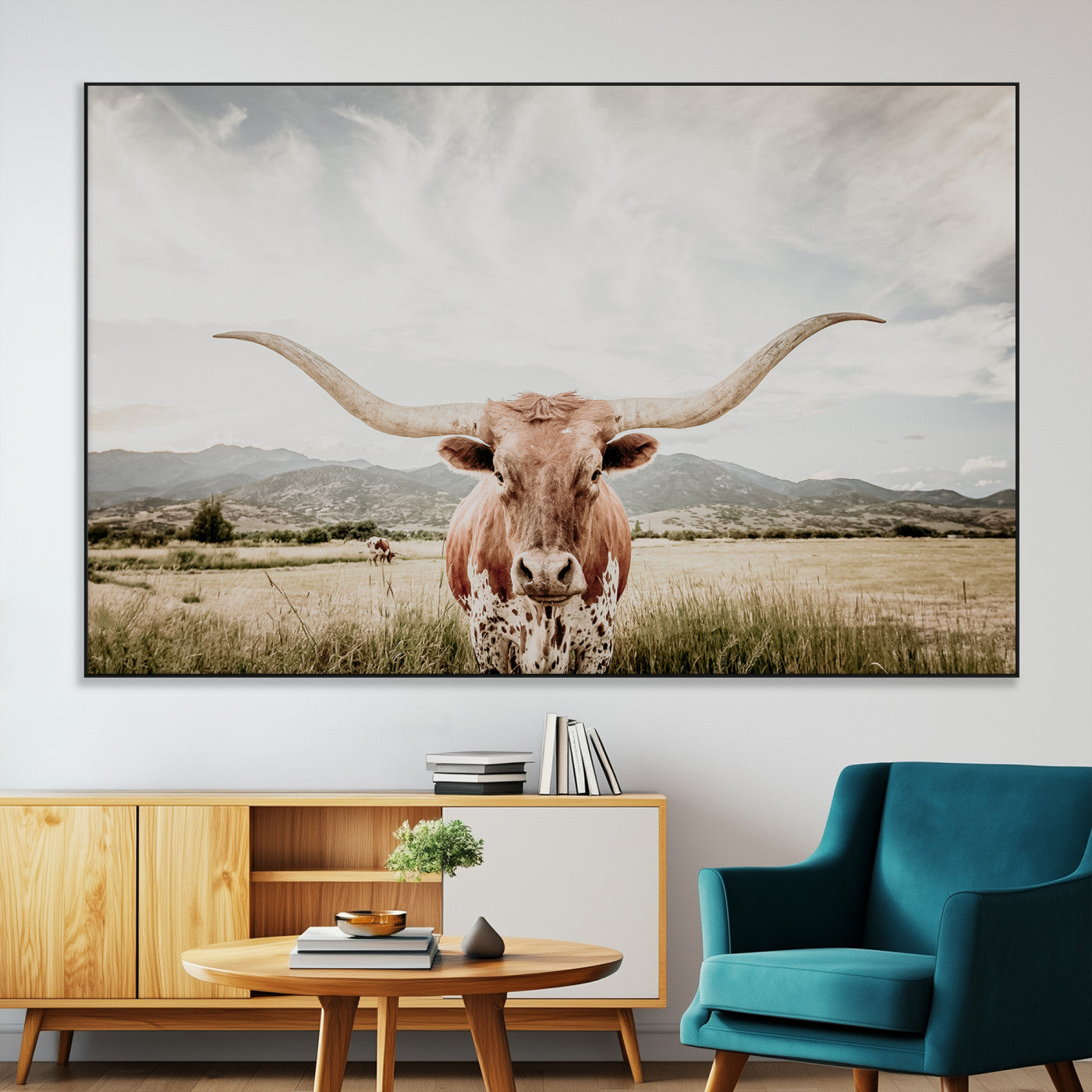 Longhorn Wall Art Print - Western Cow Canvas Print, featuring a majestic Texas longhorn in a rustic prairie setting, perfect for farmhouse and western decor.