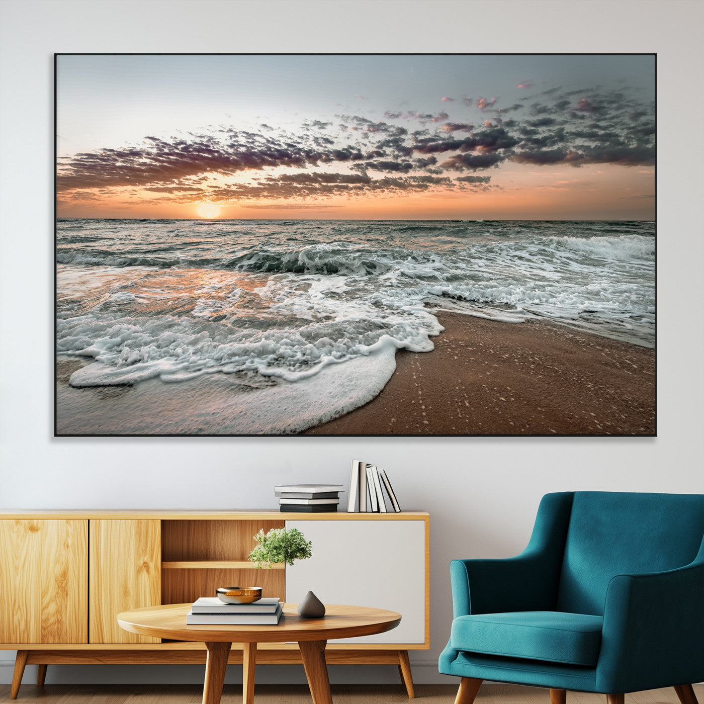 Ocean Sunset Wall Art Print - Beach Waves Canvas Print, featuring a serene seascape with golden sunlight reflecting on gentle waves, perfect for coastal and minimalist decor.