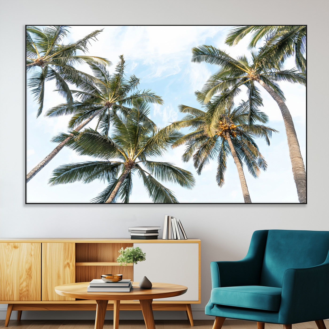 Framed canvas of tall palm trees reaching into a tropical sky, ideal for beach home or relaxed island-inspired wall decor.