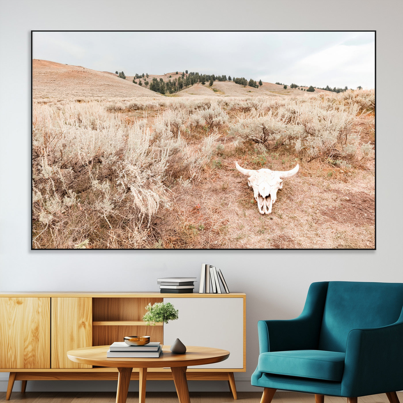 Rustic bull skull on dry sagebrush field under soft light, ideal for western minimal or desert prairie-style wall decoration.