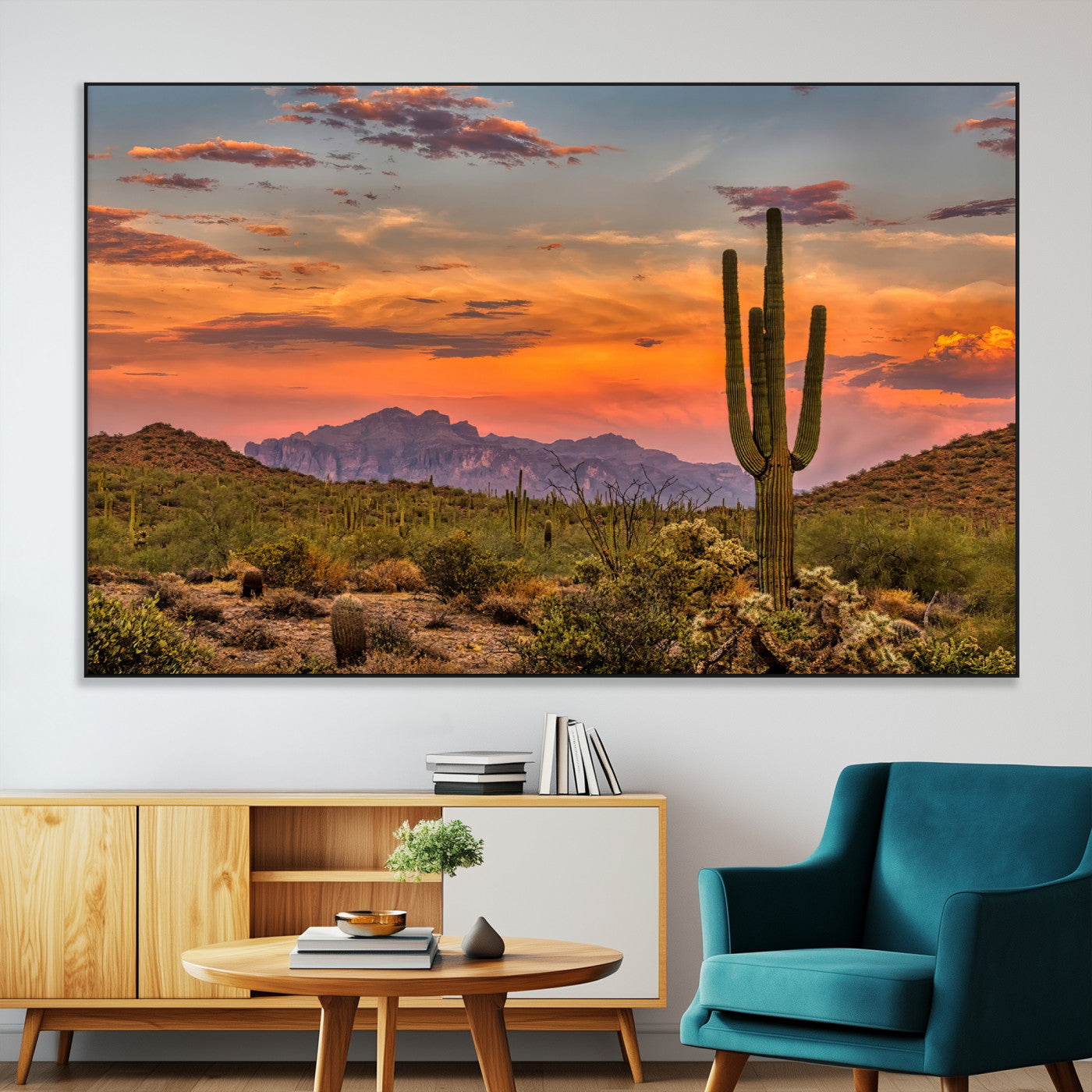 Vibrant desert sunset with saguaro cacti and distant mountains, perfect for Southwestern or warm-toned home decor.