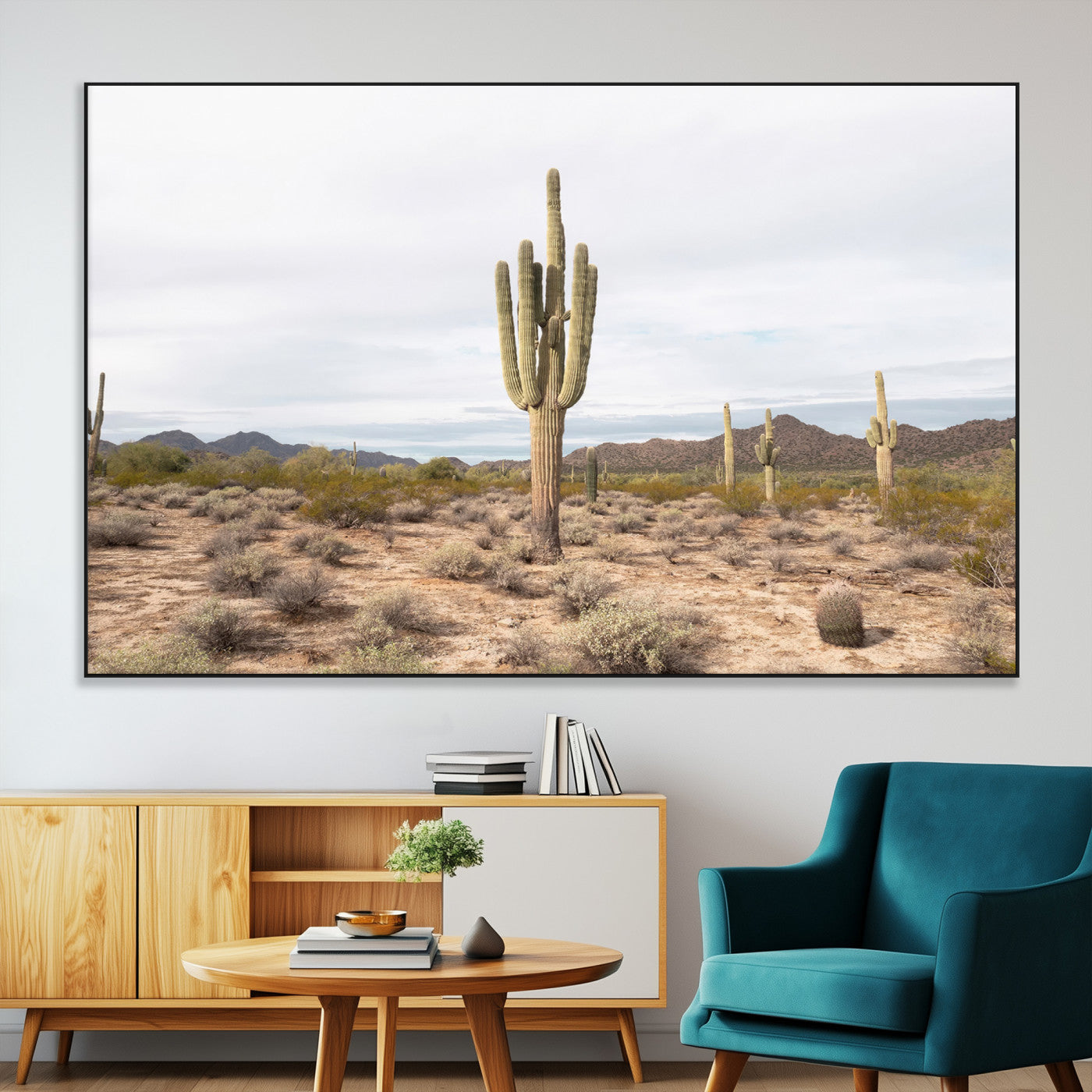 Canvas of a saguaro cactus in an earthy Sonoran desert landscape, ideal for Southwestern Boho or desert minimalism inspired home decor. 2/2