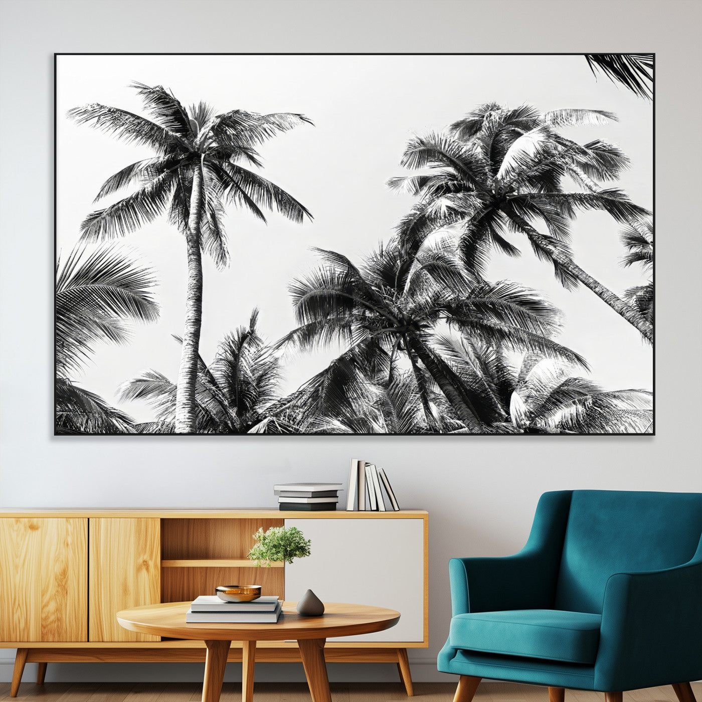 Black and white canvas of tall palm trees in moody tones, perfect for modern tropical minimalist or coastal-style home decor.