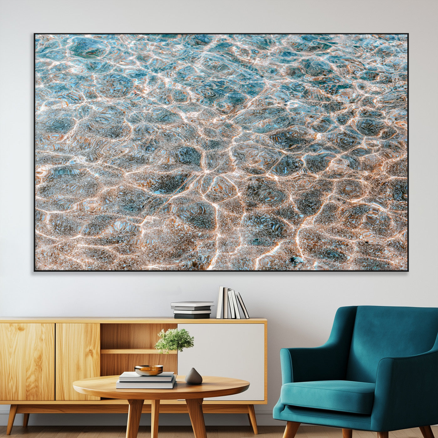 Close-up of sunlit ocean ripples with aqua blue and golden tones, ideal for modern coastal or minimalist home decor.