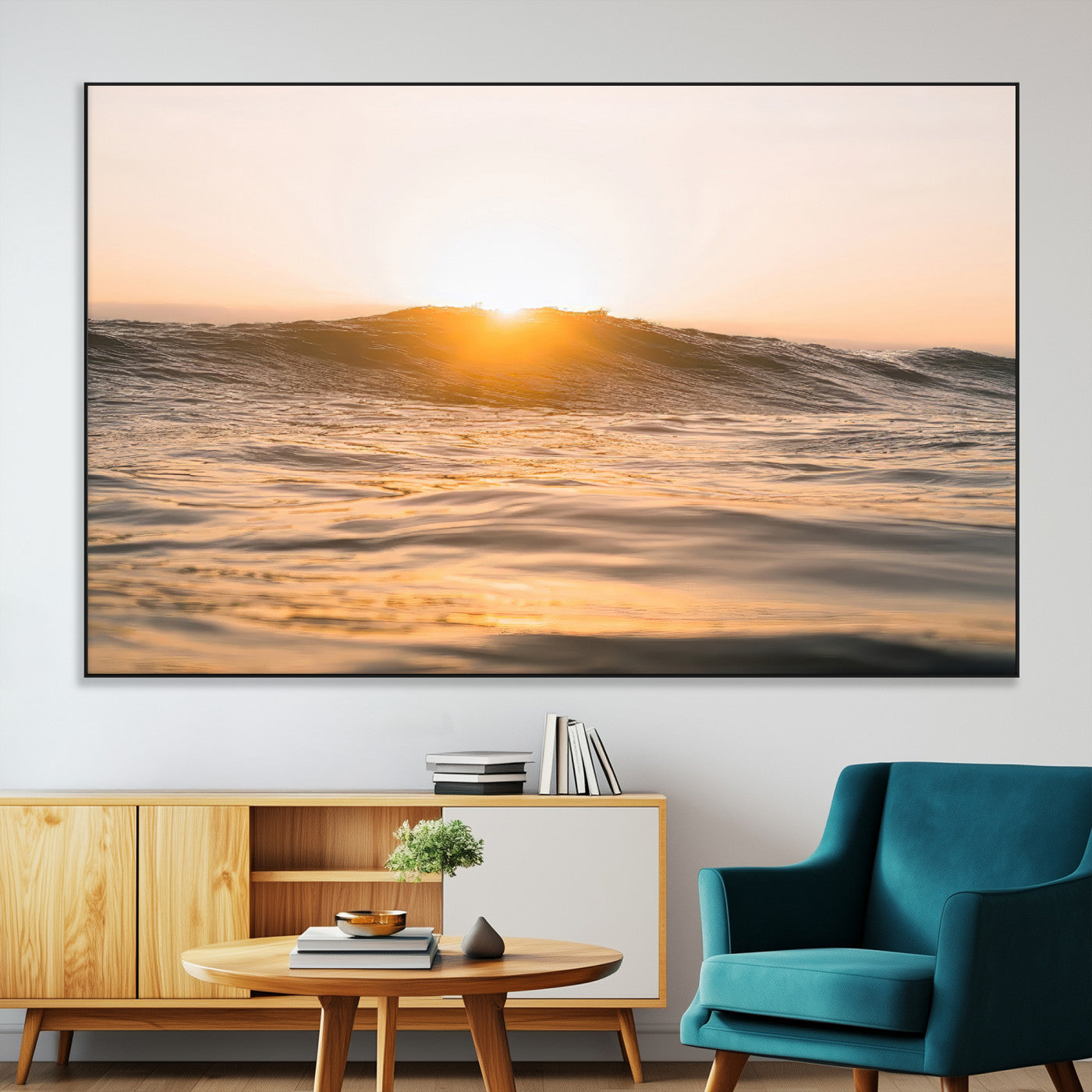 Ocean waves glowing under a warm golden sunset, reflecting soft light and calm movement, perfect for warm minimalist coastal interiors.
