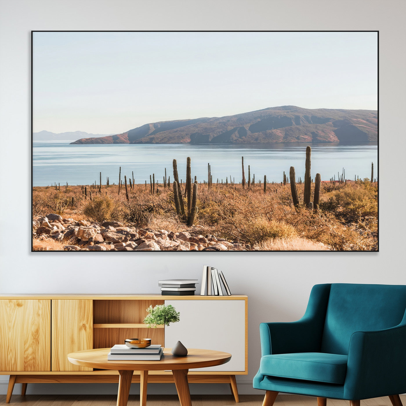 Warm desert landscape with cacti and coastal mountains, perfect for southwestern or earthy calm-themed home wall decor.