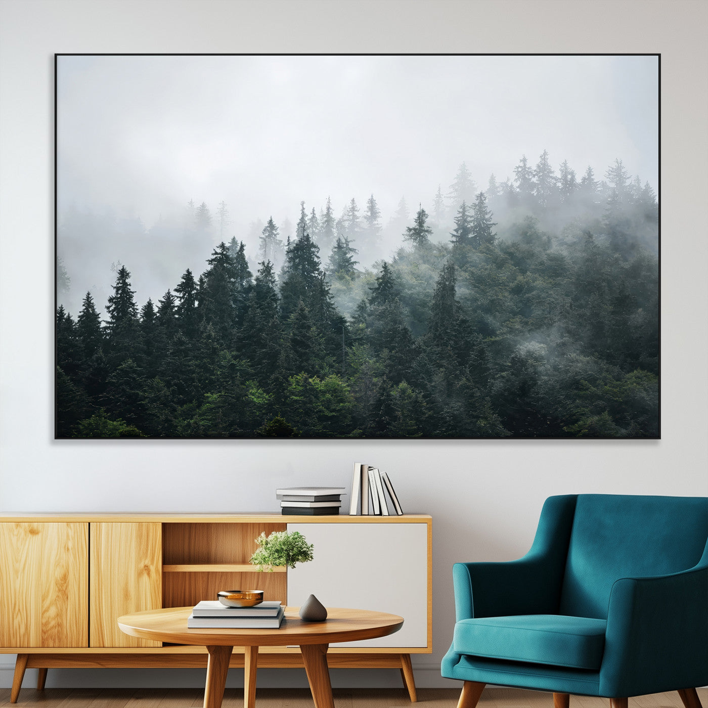 A misty evergreen forest shrouded in soft fog, creating a tranquil and moody landscape with lush green trees fading into the distance.