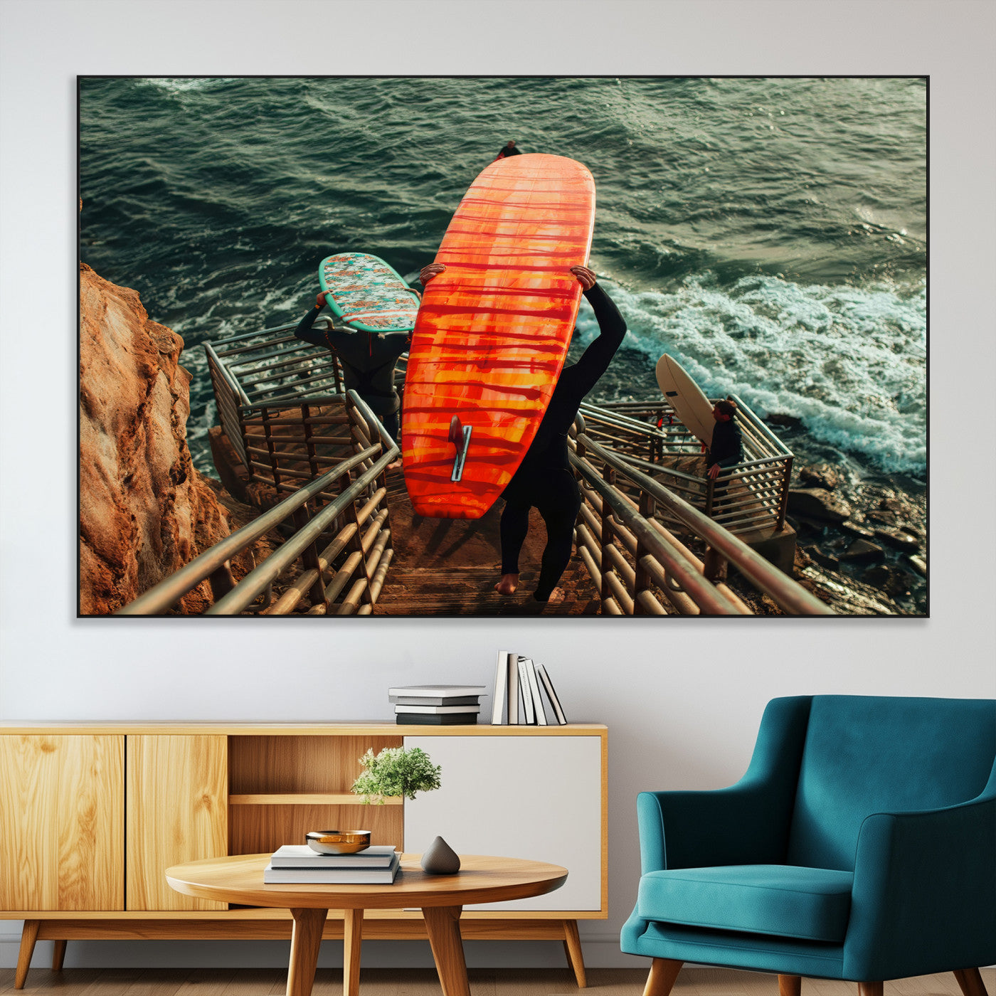 A surfer carrying a bold orange surfboard down a rugged staircase toward the ocean, bathed in golden hour light, capturing the energy of coastal adventure.