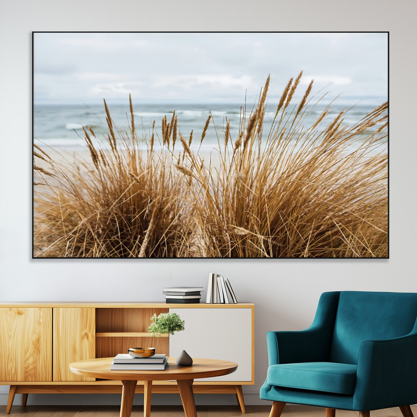 Canvas of golden beach grass swaying by the ocean under a soft cloudy sky, perfect for neutral-toned or coastal minimalist decor.