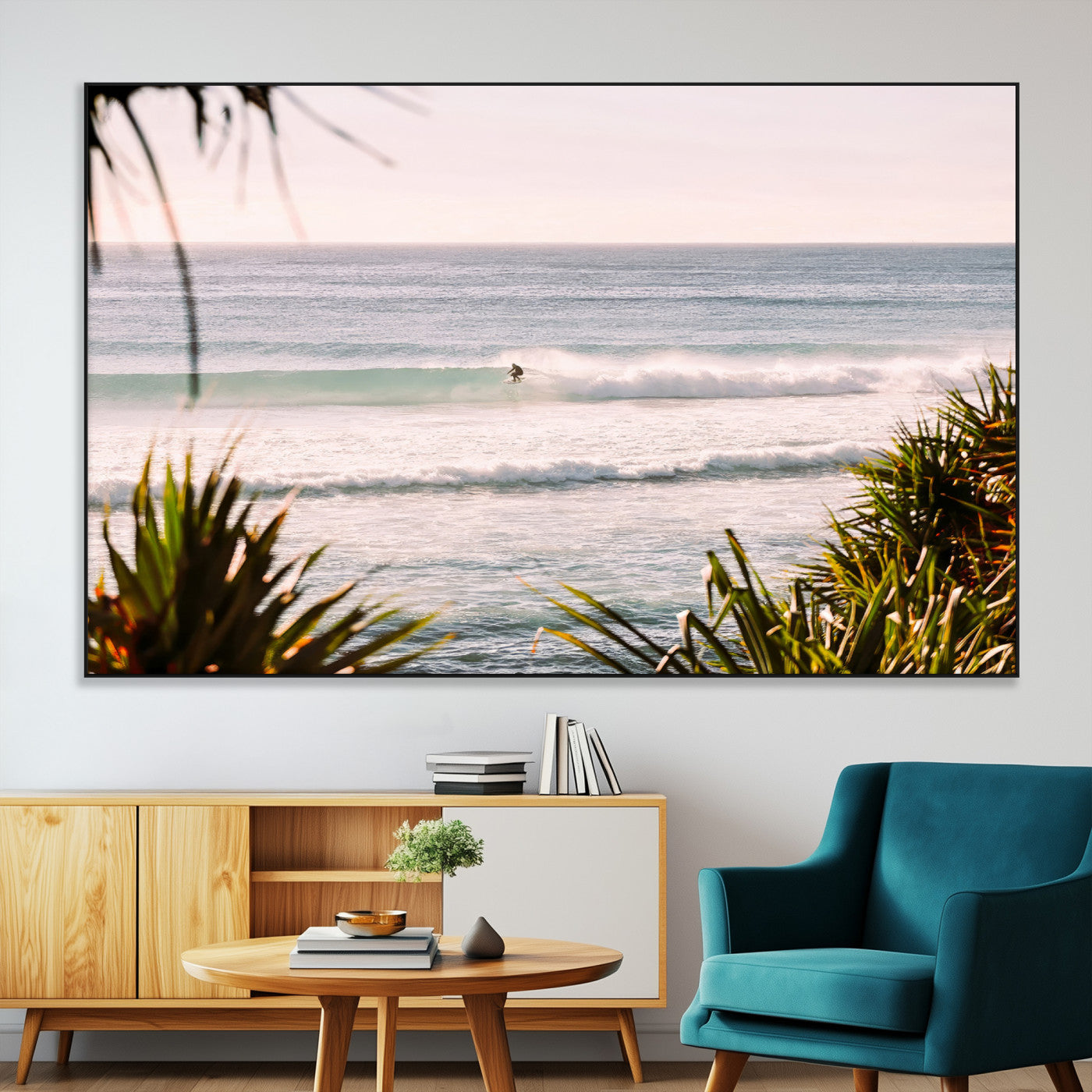 Canvas of a lone surfer riding a pastel wave at sunrise, perfect for tropical or coastal-themed spaces with a relaxed, airy vibe.