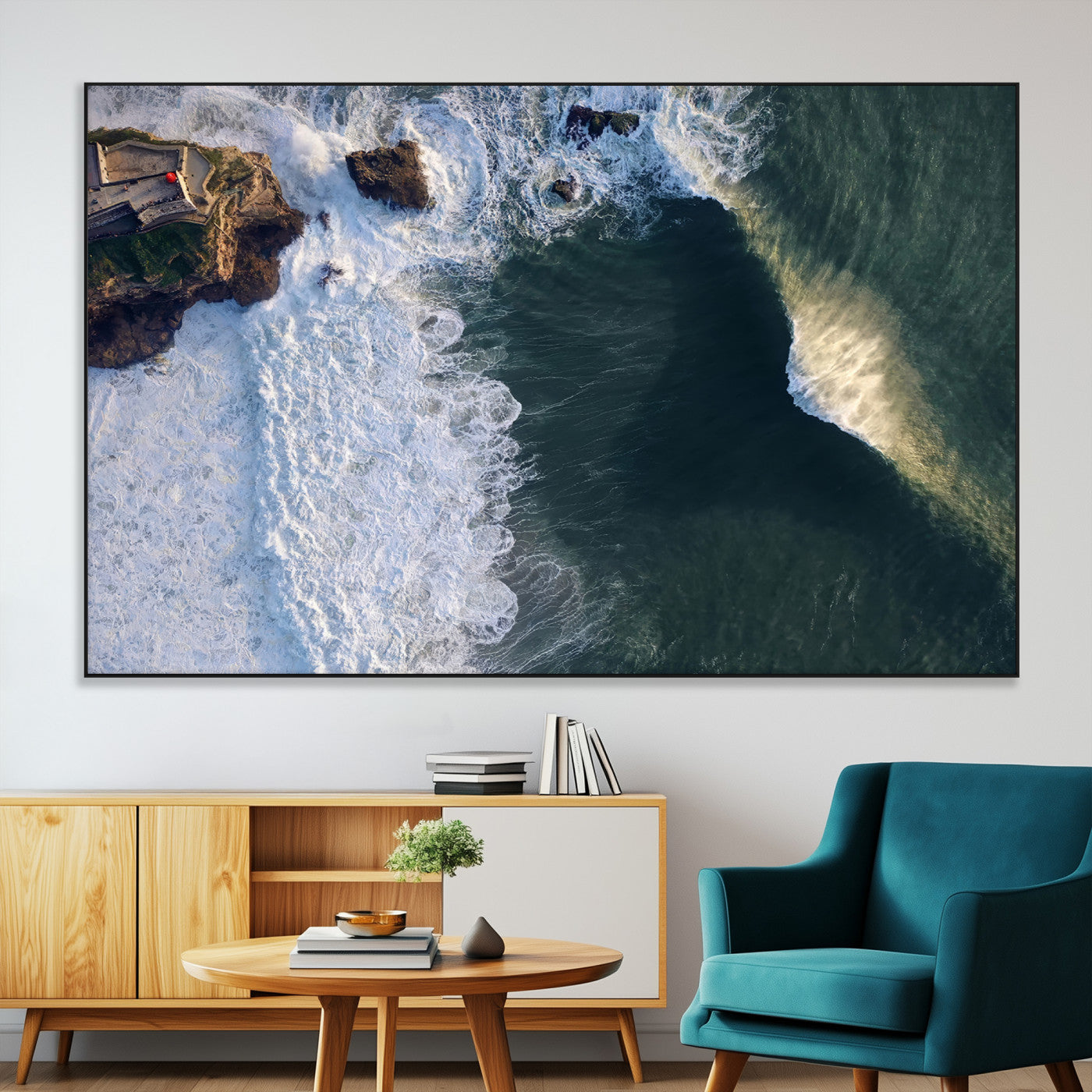 Canvas showing an aerial view of crashing waves along the Nazaré coastline, perfect for dramatic coastal or ocean-themed home decor.