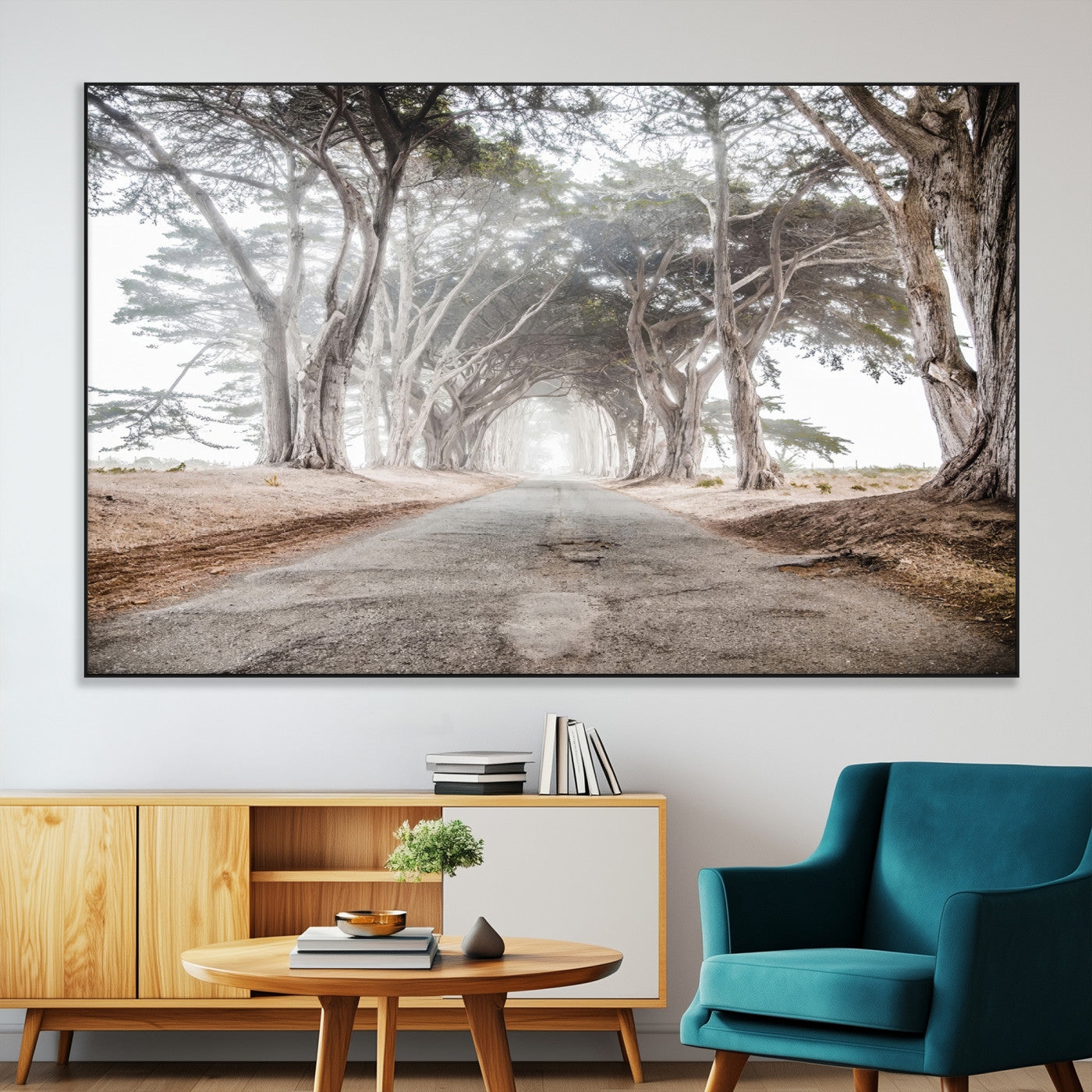 Canvas of a misty tree tunnel with arching cypress trees and an earthy road, ideal for rustic or coastal nature decor.