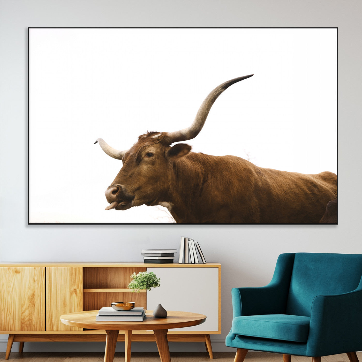 Minimal photo of a longhorn cow with white background, ideal for rustic, western or farmhouse-style interior decor.