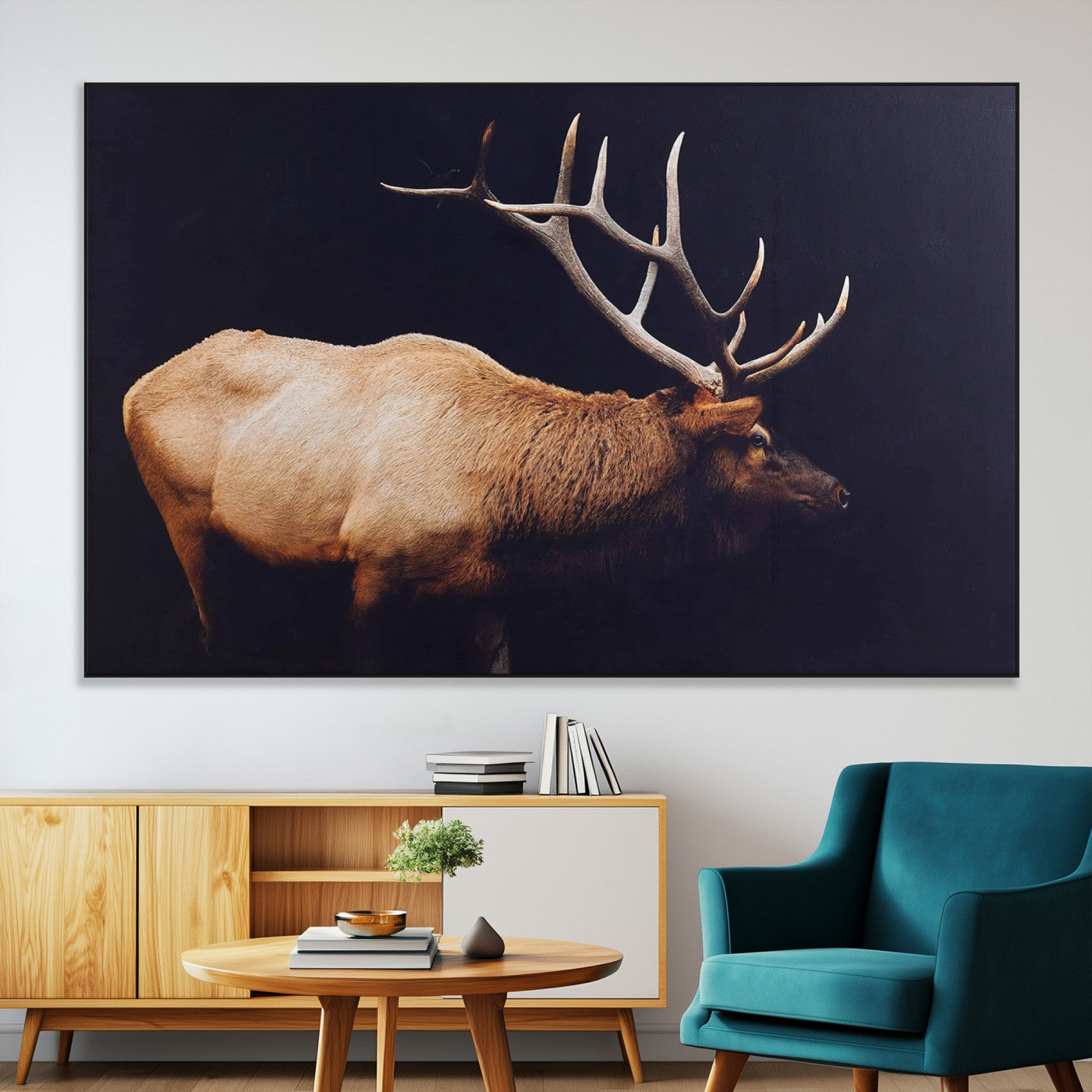 Side view of a majestic elk with large antlers against dark background, perfect for rustic lodge or cabin style home decoration.