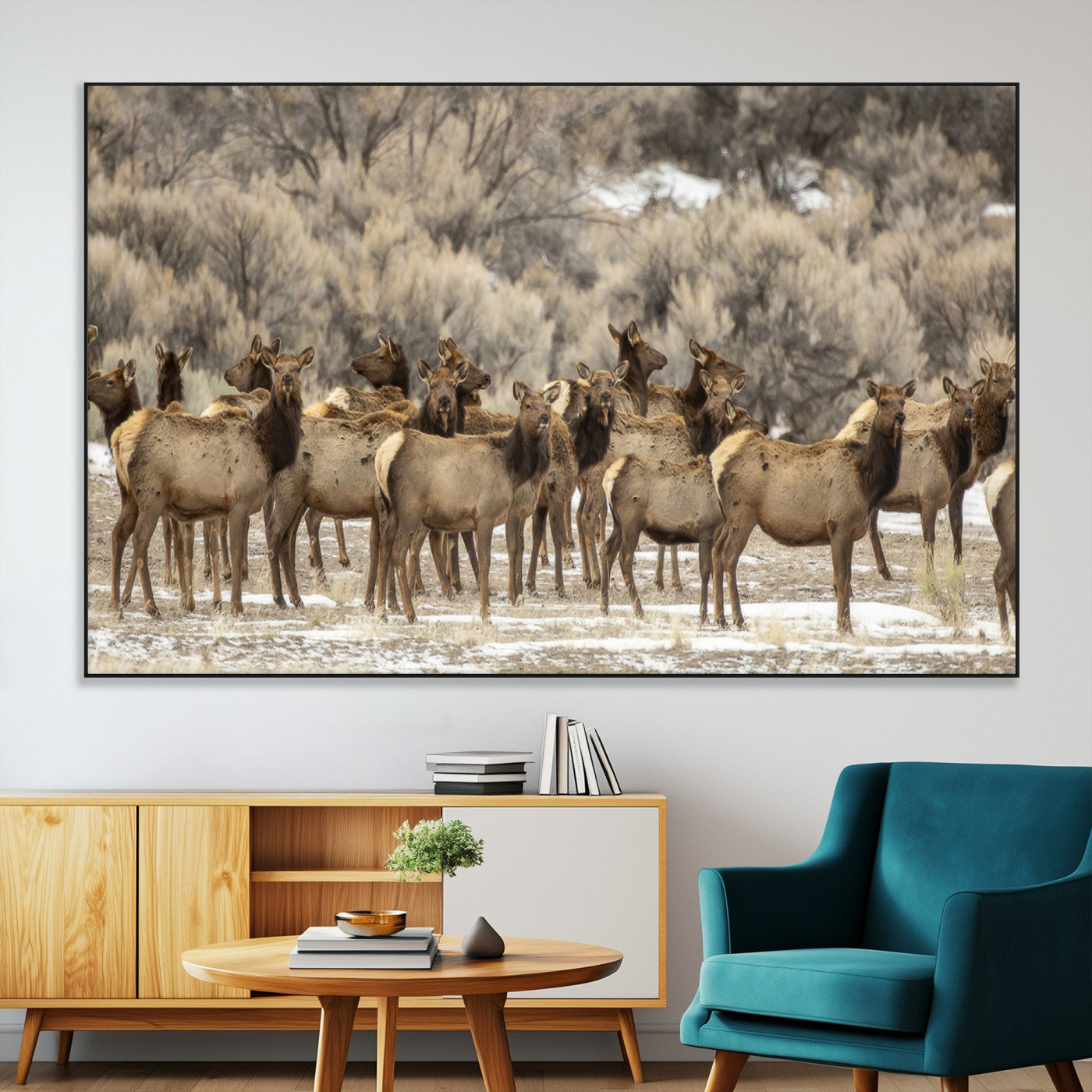 A large herd of elk standing in an open field with soft earthy tones, ideal for rustic lodge or western-themed home wall decor.