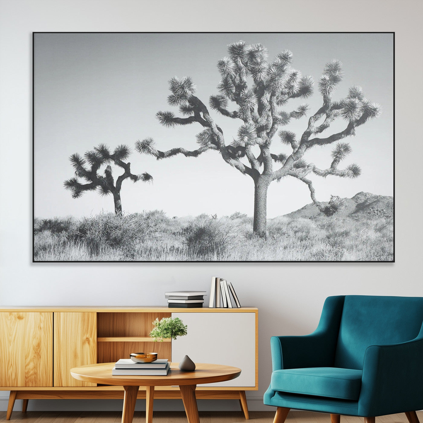 Black and white Joshua tree in a desert landscape with soft light and dry brush, perfect for rustic or minimalist home decor.