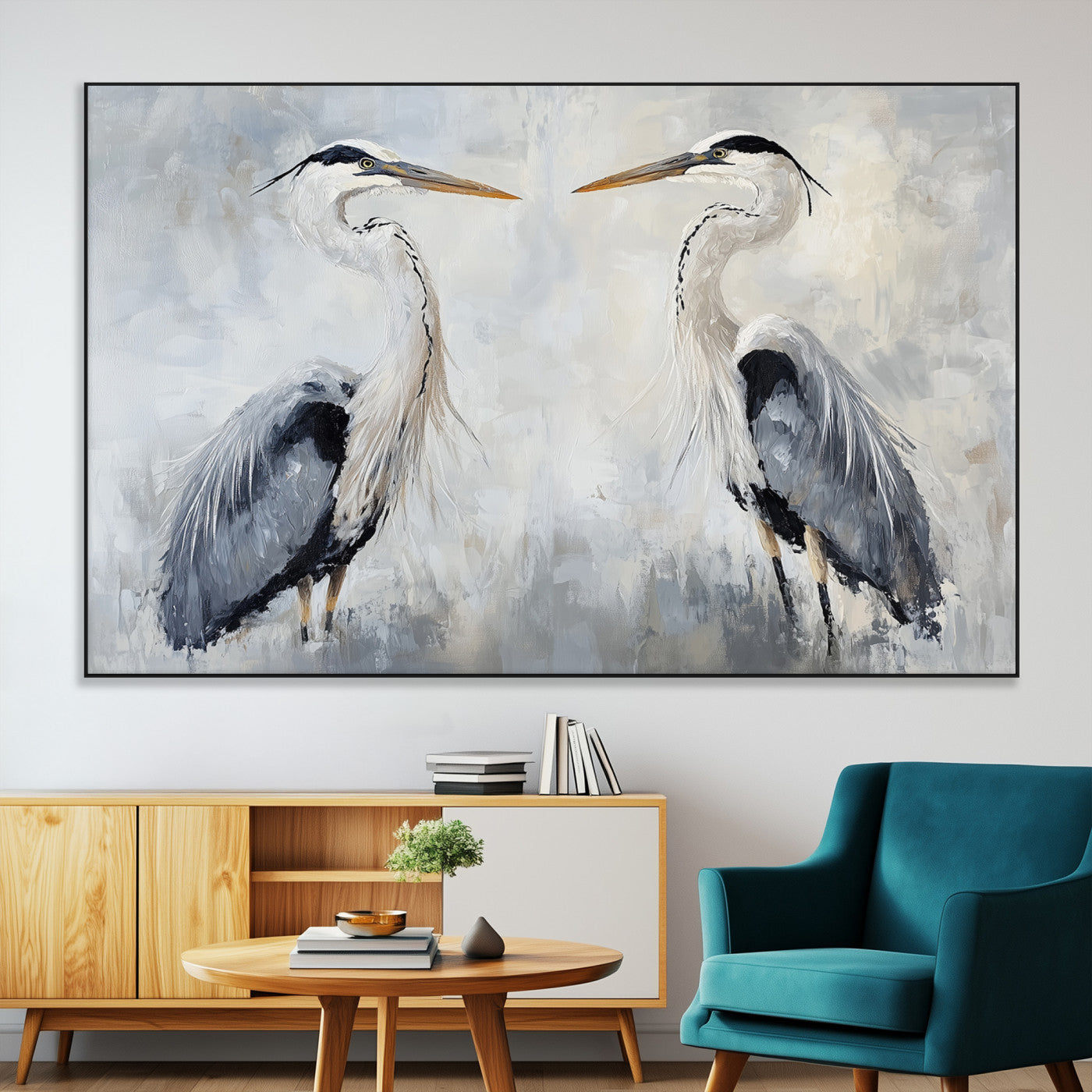 Two herons facing each other on a soft-toned background with blue-grey feathers, perfect for tranquil, coastal or nature-themed interiors.
