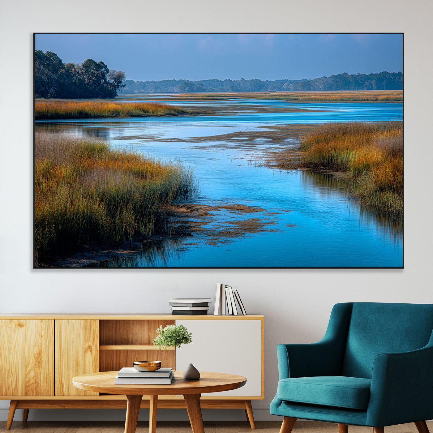 A peaceful marshland scene with calm blue water reflecting the surrounding grasses and trees, capturing the beauty of nature in a serene landscape.