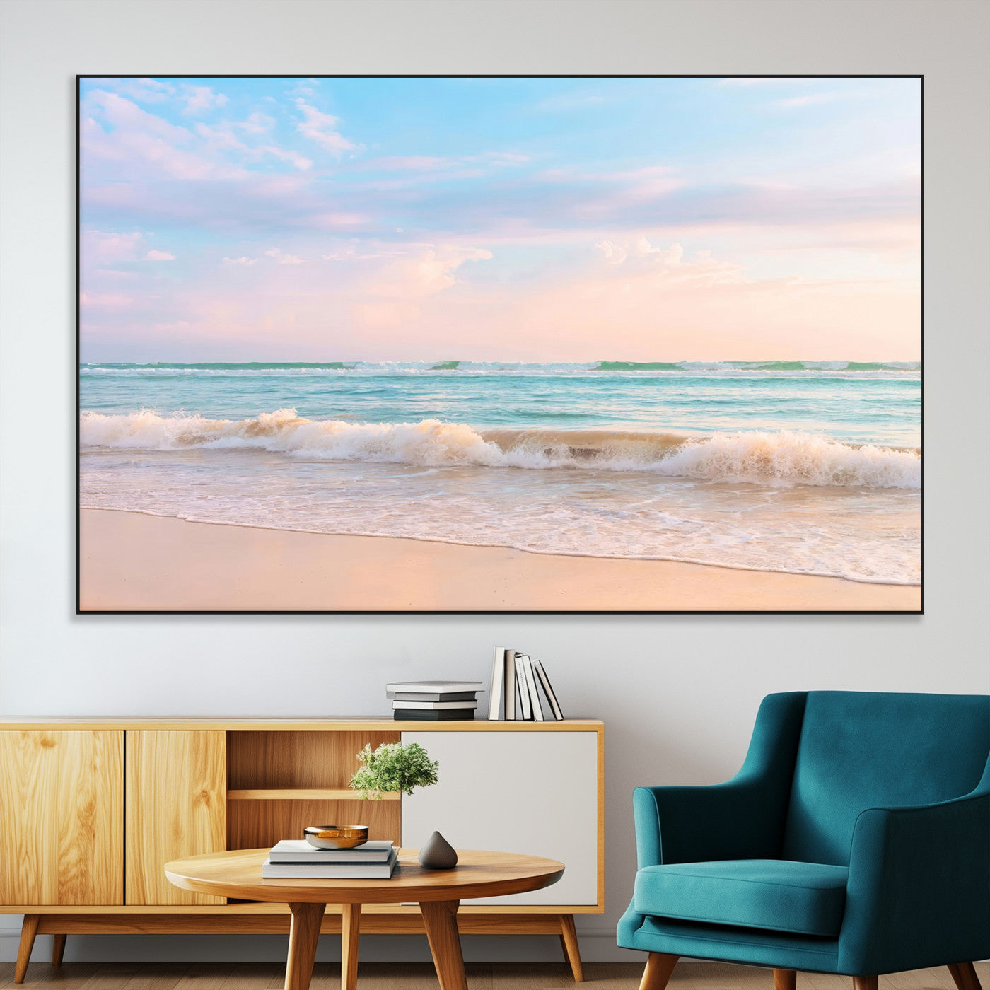 A peaceful beach scene with soft pastel skies, gentle waves washing up on the sandy shore, creating a calm and serene ocean view.
